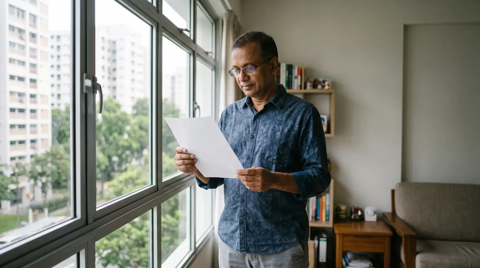 A man in his late fifties standing by the window of his flat, reading a single plain sheet of paper through his glasses