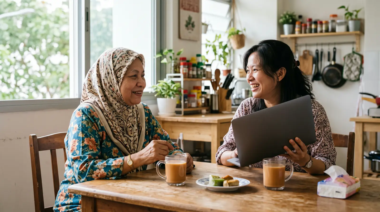 A woman in her early seventies and a younger woman talking at a kitchen table at home, glasses of milk tea in front of them