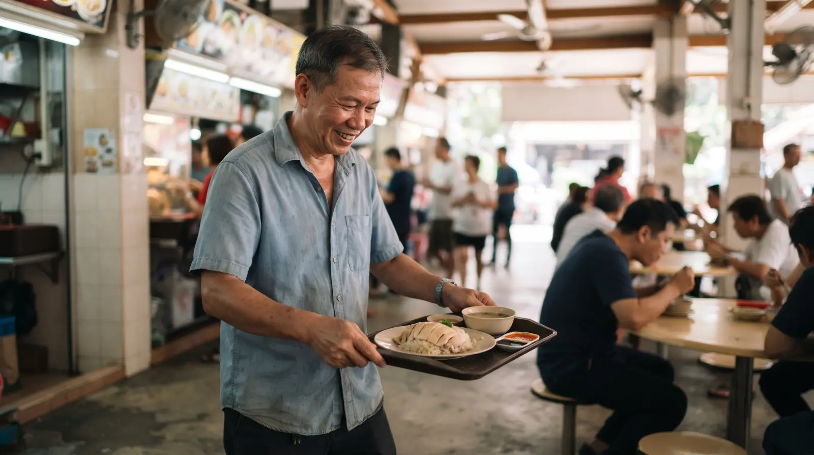 A man in his fifties holding a plate of chicken rice at a neighbourhood hawker centre