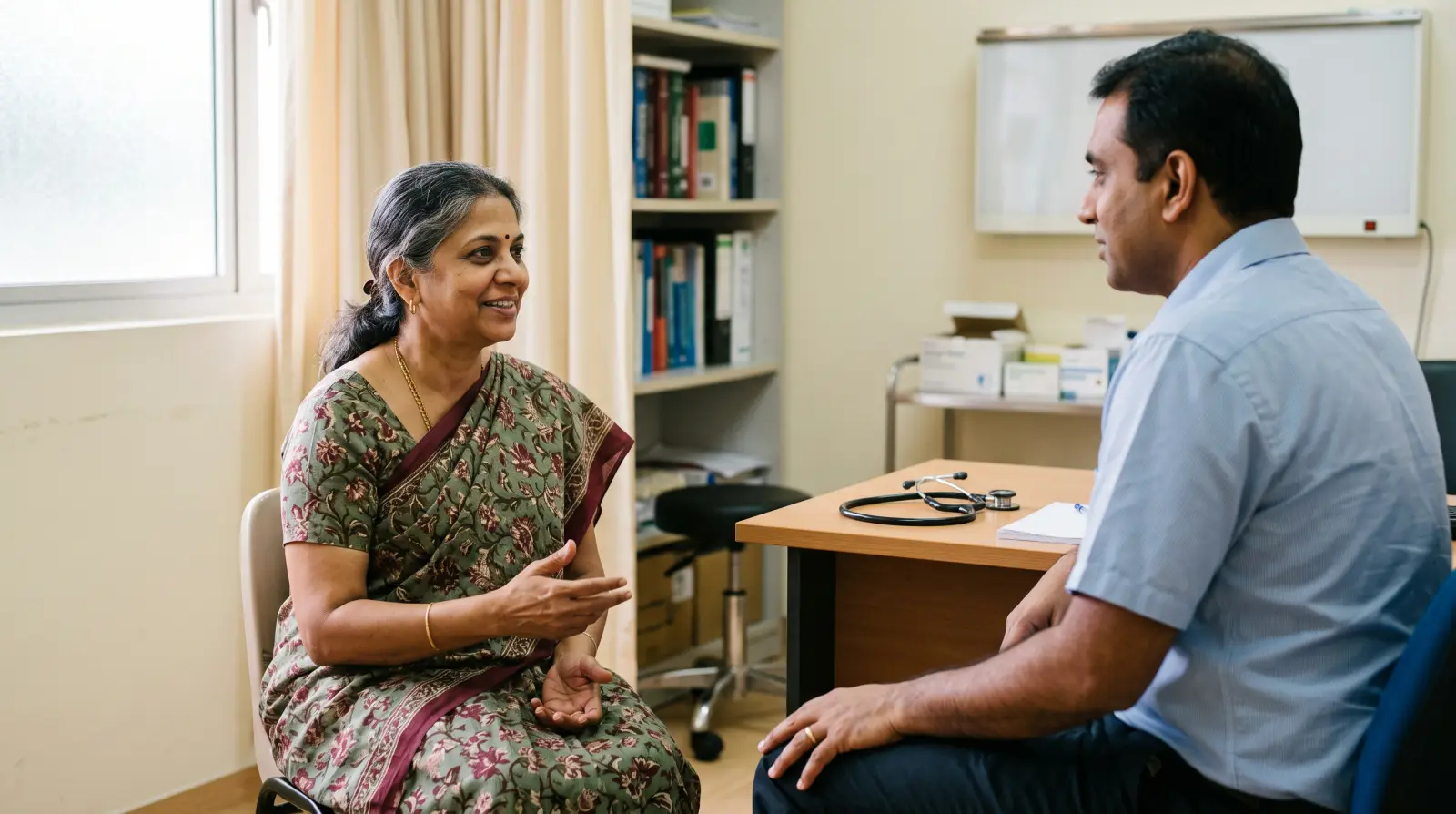 A woman in her early sixties talking with a family doctor in a neighbourhood clinic