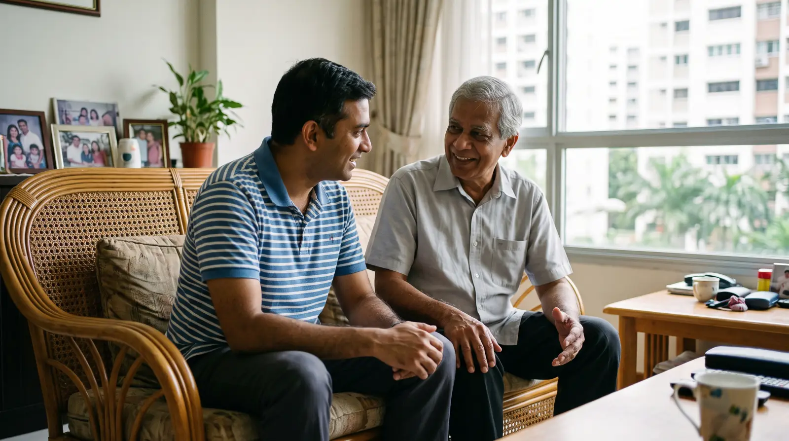 A man in his early forties and his father in his mid seventies talking on a rattan sofa