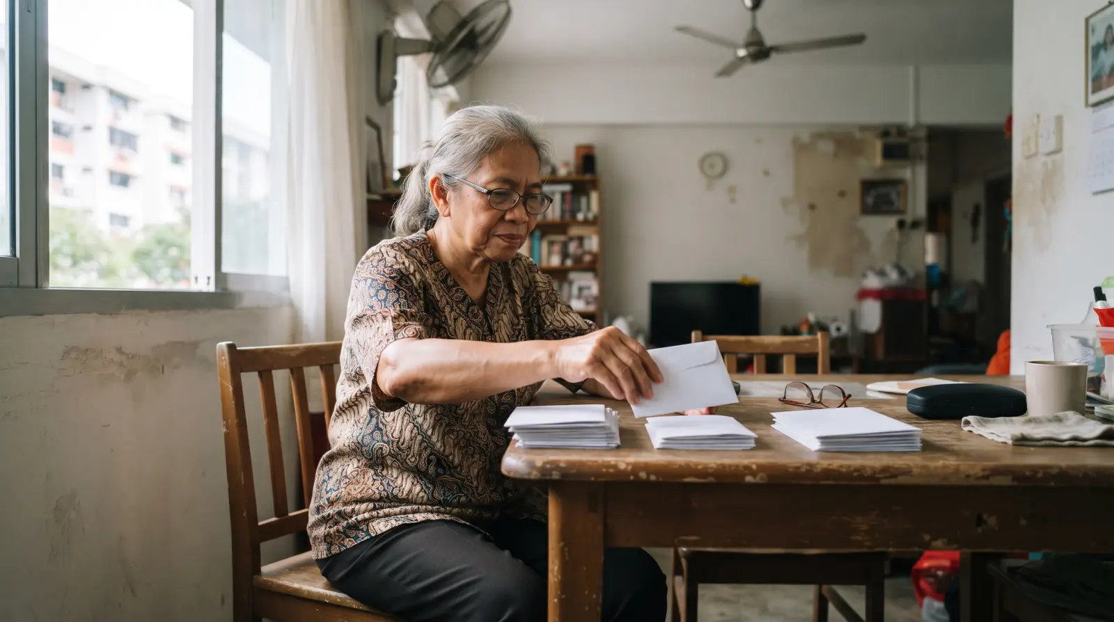 A woman in her late sixties sorting plain envelopes into three small piles at a wooden table at home