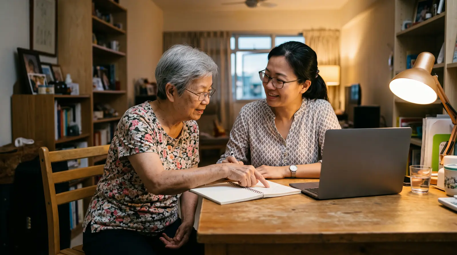 A woman in her mid forties at a home desk with her elderly mother beside her, pointing at a notebook