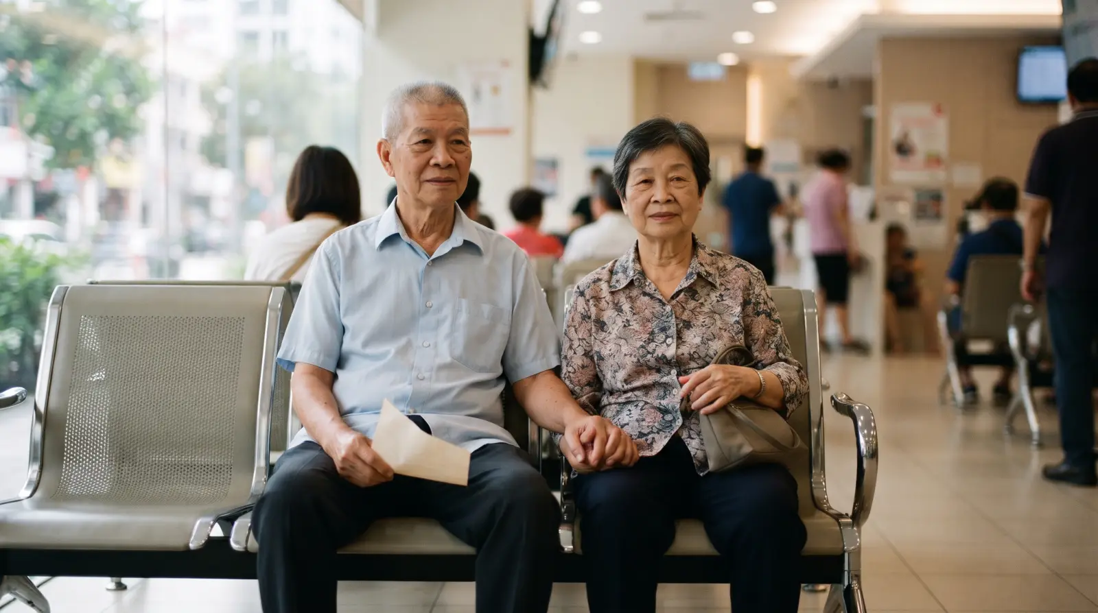 A couple in their early seventies sitting together in a bright clinic waiting area