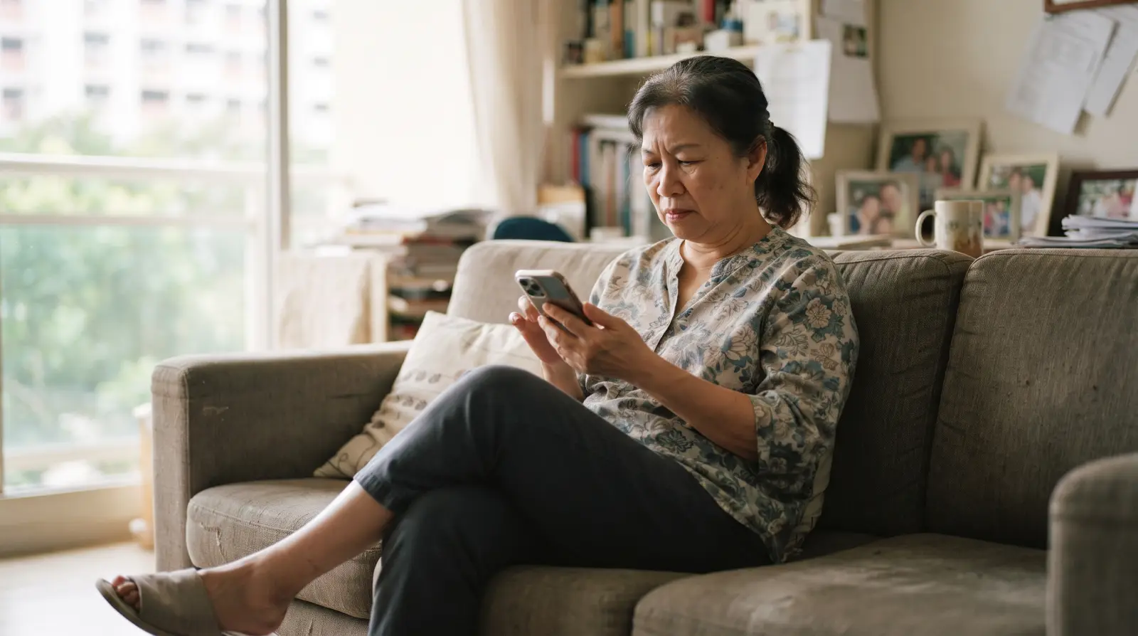 A woman in her early sixties on a sofa looking cautiously at her mobile phone, its screen turned away