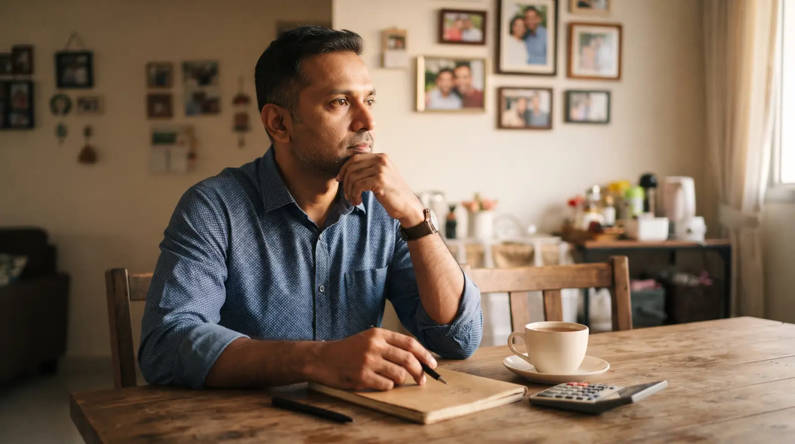 A man in his mid forties at a dining table with a notebook, a pen and a simple calculator