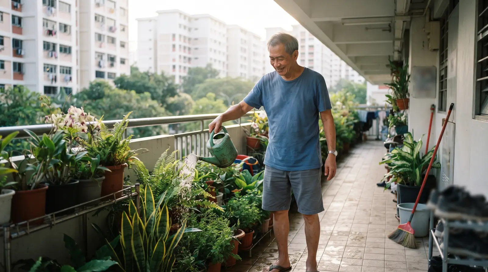 A man in his mid sixties watering potted plants along the common corridor outside his flat