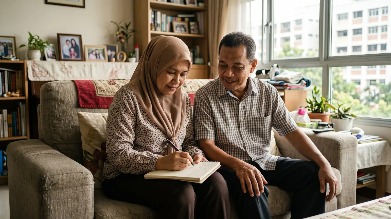 A couple in their mid fifties on a sofa at home, the wife writing in a plain notebook