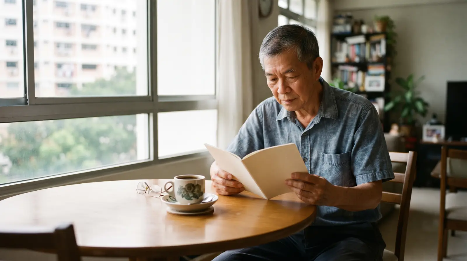 A man in his late sixties reading a plain booklet at a round table by the window, a cup of kopi beside him